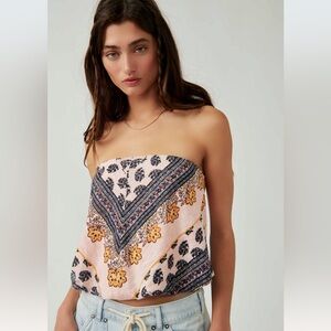 Free People Large Borderline Tube Top Boho Floral Paisley Strapless Pink